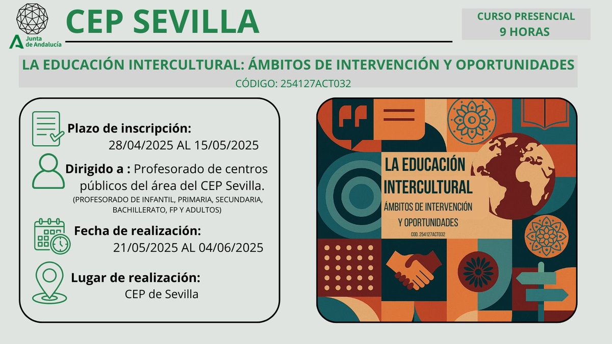 CEPdeSevilla797's tweet photo. Abierto plazo de solicitudes (hasta 15/05) de la actividad "LA EDUCACIÓN INTERCULTURAL: ÁMBITOS DE INTERVENCIÓN Y OPORTUNIDADES" 
Inscripción 👉
https://t.co/bYcfPAq0rP

@DG_IFP
@CEPdeSevilla https://t.co/9D1ZWhKH4g