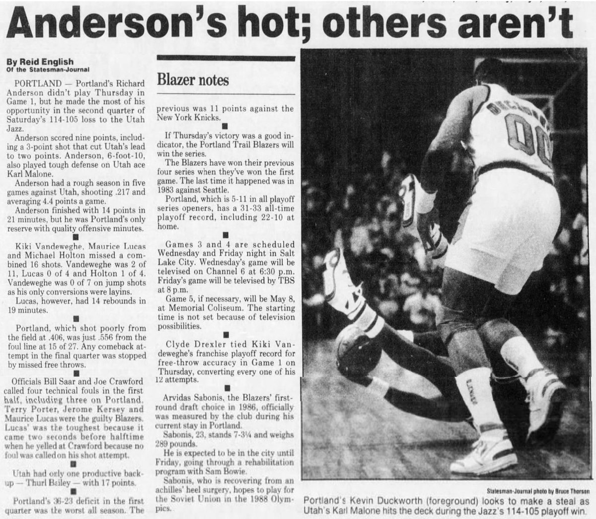 77Blazers's tweet photo. April 30, 1988 - @trailblazers legend #MauriceLucas played his last game in front of the #Blazers faithful at the #MemorialColiseum.
Lucas struggled from the field vs the @utahjazz, going 0-for-4 from the field and finished with 1 point, but he did gather a team-high 14 rebounds in 19 minutes off the bench. Lucas played 330 games with #Portland for a total of 4 1/2 season and 14 years overall in the #ABA and the @NBA. Lucas would move up the bench the following year, joining the staff of Portland coach #MikeSchuler for the 1988/89 season.
In his first run with the Blazers, Lucas helped the team to the 1977 @NBA Title and was selected to the #NBA All-Star Games in 1977, 78, and 79. and was on the 1978 All-NBA Second team. Lucas was also named to the All-Defensive teams in 1978 and 1979.
#ClydeDrexler led the Blazers today with 25 points and secured a PO career-high 6 steals, two shy of the team record set by @LionelHollins14 in 1977. @terryporter30 and #KevinDuckworth each added 19 points, while #JeromeKersey scored 17. #RichardAnderson came off the bench to add 14 more.
#KarlMalone had a then PO career-high with 37 points and grabbed 16 rebounds. Malone would top the point total six days later when the @utahjazz eliminated the Blazers in 3 games to 1.
#BobHansen added 23 points while #JohnStockton scored 20 and passed for 13 assists. #MarkEaton blocked 6 shots and grabbed 13 rebounds.
#RipCity #ThisDateinBlazersHistory #OTD