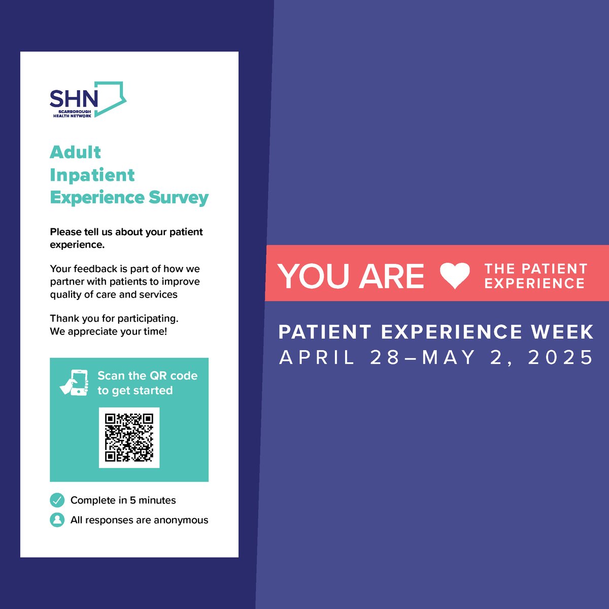 To help us better understand our patients’ experiences and improve care, SHN has routinely utilized patient surveys—both post-discharge and on units. If you receive an email survey following your care, please complete the survey and help improve our services. #PXWeek2025