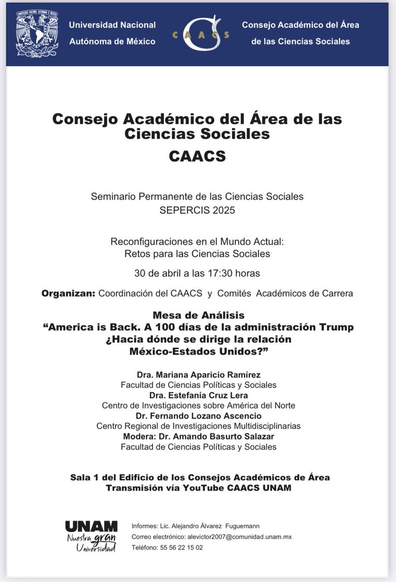 Es hoy! Nos vemos  a las 5:30 pm en el #CAACS Ciencias Sociales #UNAM para conversar sobre los 100 días de la presidencia de Donald Trump y la relación 🇲🇽 🇺🇸