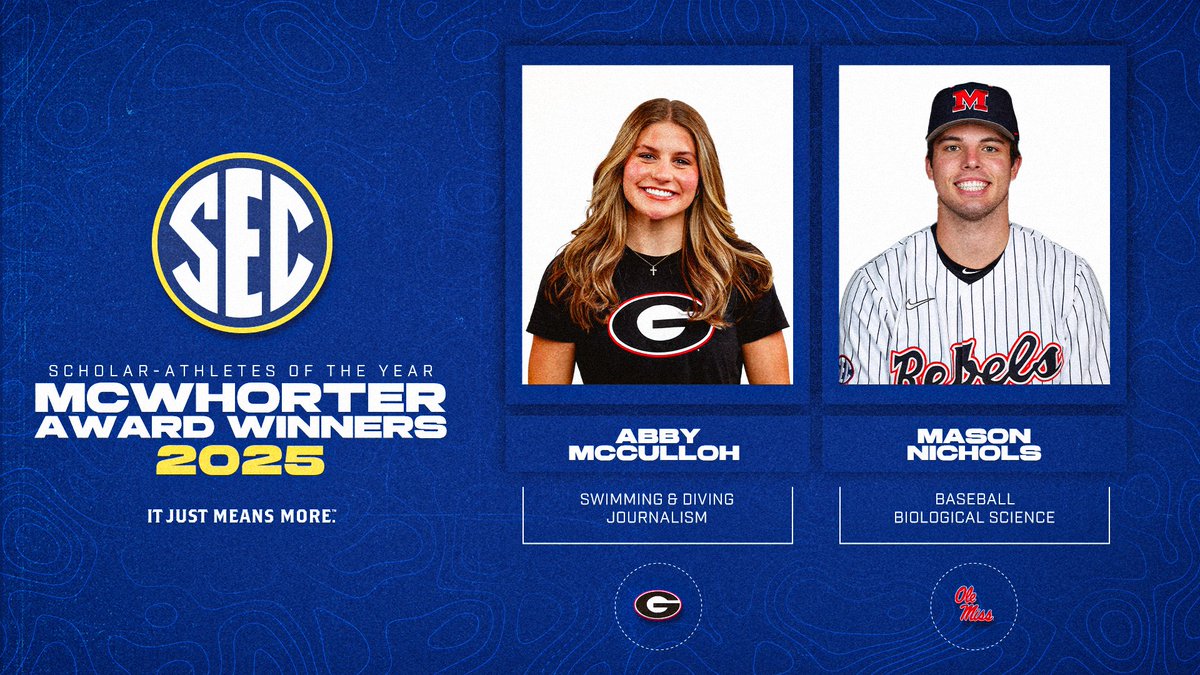 Southeastern Conference (@sec) on Twitter photo Announcing the 2025 <a href="/SEC/">Southeastern Conference</a> H. Boyd McWhorter Scholar-Athletes of the Year!
🐶 Abby McCulloh, <a href="/UGASwimDive/">Georgia Swim & Dive</a>
🔴 Mason Nichols, <a href="/OleMissBSB/">Ole Miss Baseball</a>
🎓 SECSports.com/McWhorter25
#ItJustMeansMore Announcing the 2025 <a href="/SEC/">Southeastern Conference</a> H. Boyd McWhorter Scholar-Athletes of the Year!
🐶 Abby McCulloh, <a href="/UGASwimDive/">Georgia Swim & Dive</a>
🔴 Mason Nichols, <a href="/OleMissBSB/">Ole Miss Baseball</a>
🎓 SECSports.com/McWhorter25
#ItJustMeansMore