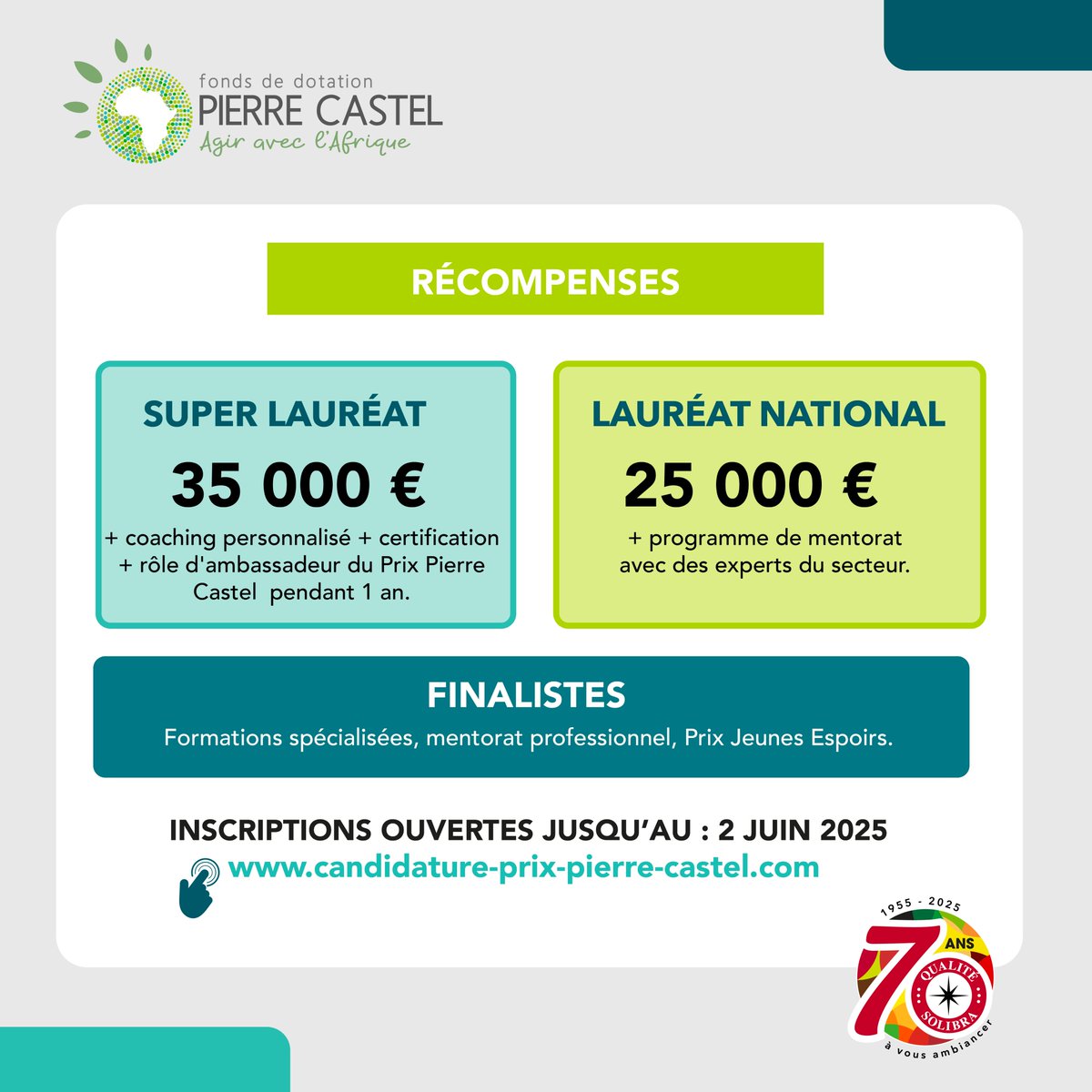 Le Prix Pierre Castel 2025 peut booster ton projet !
À gagner :
💰 35 000 € ou 25 000 €
🎓 Formations, mentorat, coaching, visibilité internationale
Inscriptions jusqu’au 2 juin : candidature-prix-pierre-castel.com
 
#PrixPierreCastel2025 #Entrepreneuriat