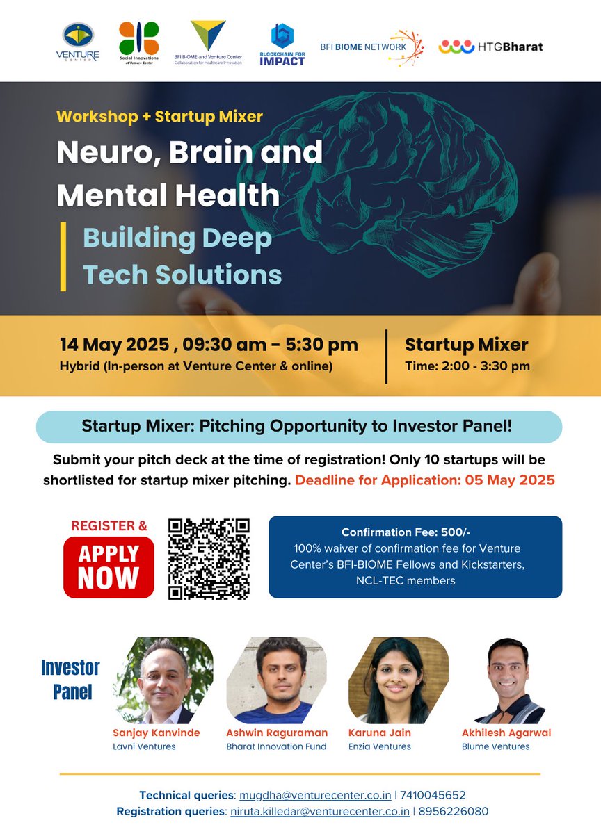 🔊 Final call for #Neurotech &amp; #MentalHealth #startups! 

Sign up for the workshop + startup mixer at Neuro, Brain &amp; Mental Health: Building Deep Tech Solutions 

Only 10 spots + ₹10K travel support. 
Apply for the startup mixer by 05 May 👉 docs.google.com/forms/d/e/1FAI…

#DeepTech