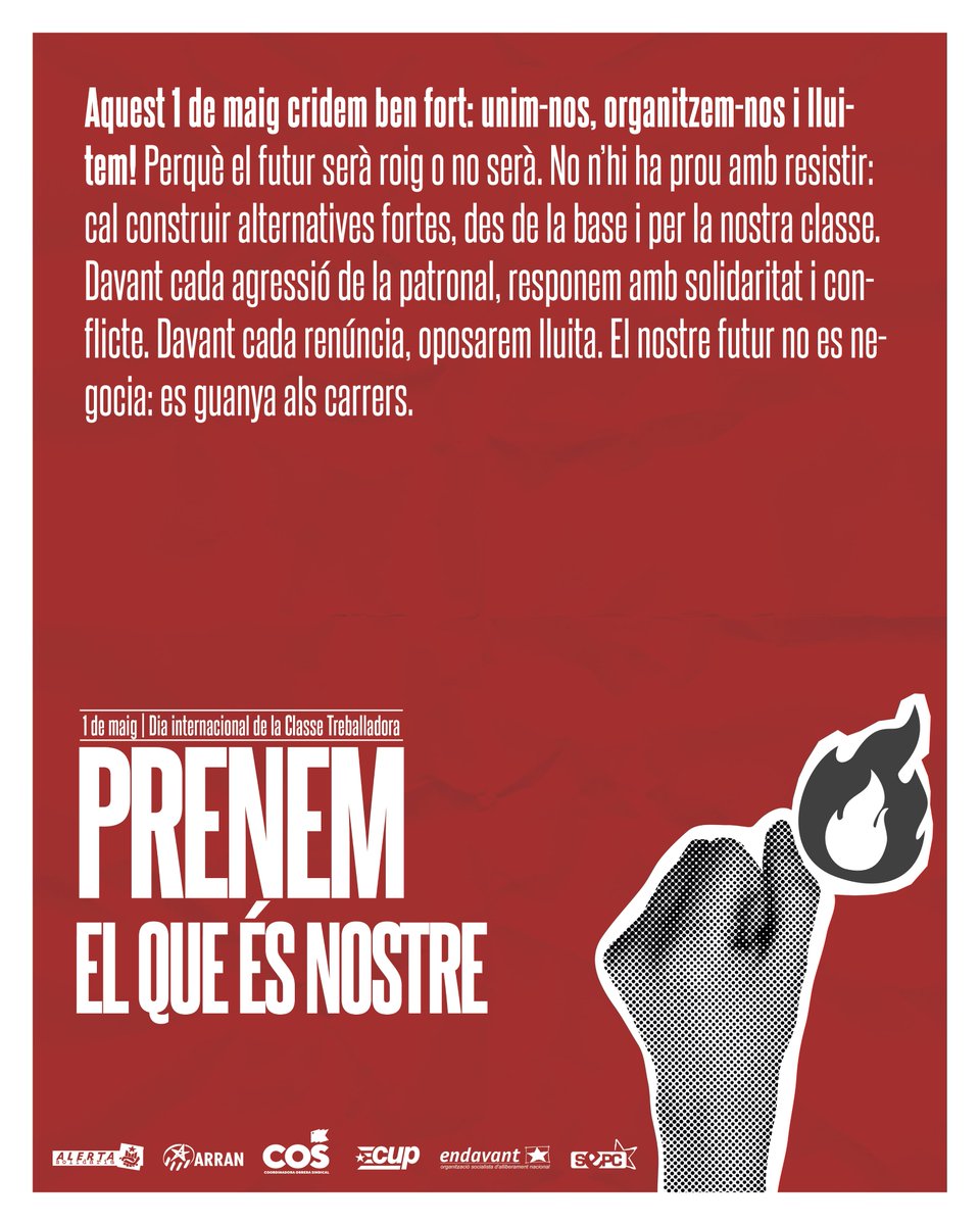1M | Prenem el que és nostre! 

L'organització de la classe treballadora és l'única garantia d'un futur digne. Un futur que serà roig o no serà. 🔴

📌 Demà mobilitzacions arreu dels Països Catalans!