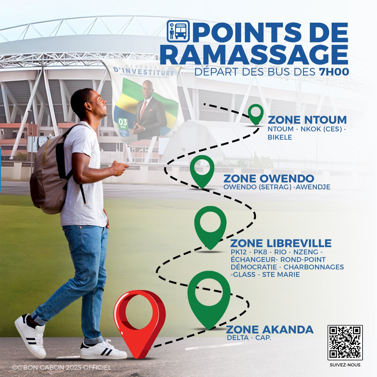 Points de ramassage pour la cérémonie d'investiture ce samedi 03 mai 2025, du Président élu - Brice Clotaire <a href="/oliguinguema/">Brice Clotaire Oligui Nguema</a>  .

Tous mobilisés pour cet événement historique !

Retrouvez ici les lieux de départ pour vous rendre à la cérémonie d’investiture #gratuitement. 🇬🇦