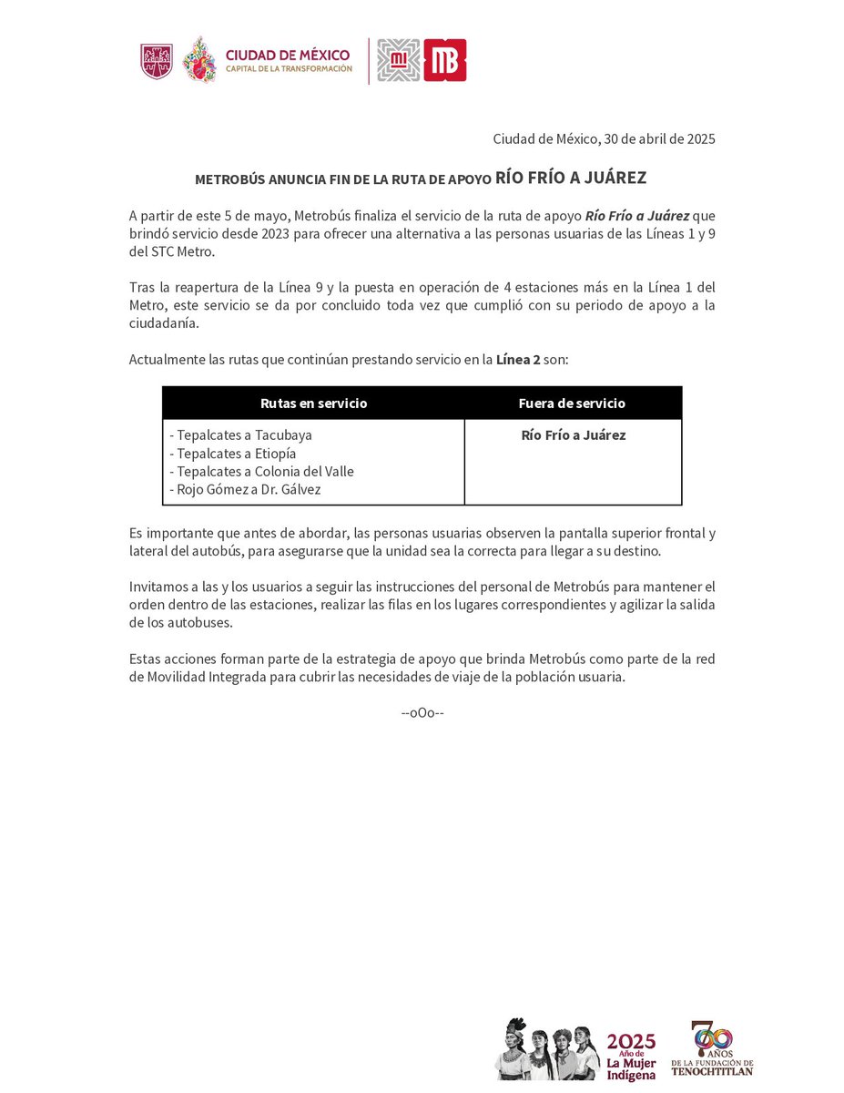 MetrobusCDMX's tweet photo. 🔴 A partir del lunes 5 de mayo, la ruta Río Frío ↔️ Juárez no brindará servicio.
#MetrobúsInforma https://t.co/lByOp6yqMH