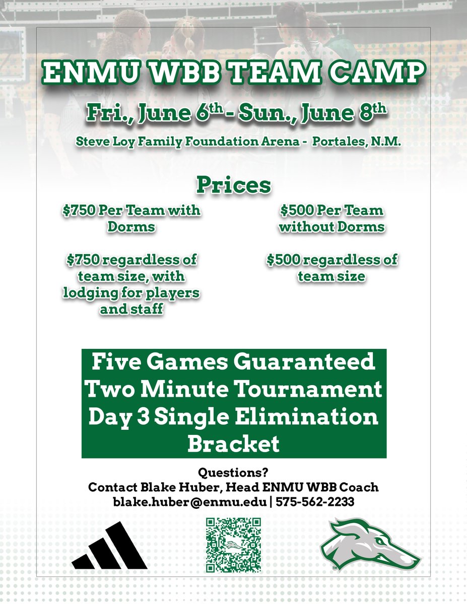 Team Camp is back!

Come compete against High School teams from all across the region, June 6-8 at Steve Loy Family Foundation Arena.

Contact head coach Blake Huber for any questions or more information about the team camp.

SIGNUP: tinyurl.com/yc7f8kf4

#ENMU #ALLIN