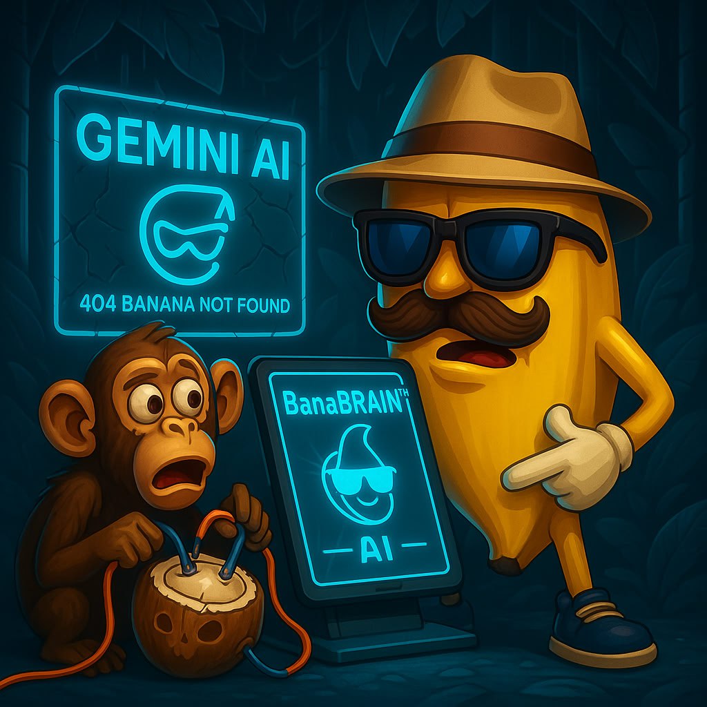 BREAKING:
Google’s Gemini AI crashed during a live demo… again.
One journalist asked: “What’s 2+2?” – Gemini replied: “I'm tired.”

Meanwhile, BumBana just launched his own AI:
BanaBRAIN™ – optimized for peeling FUD and auto-roasting influencers.
It can’t calculate anything,