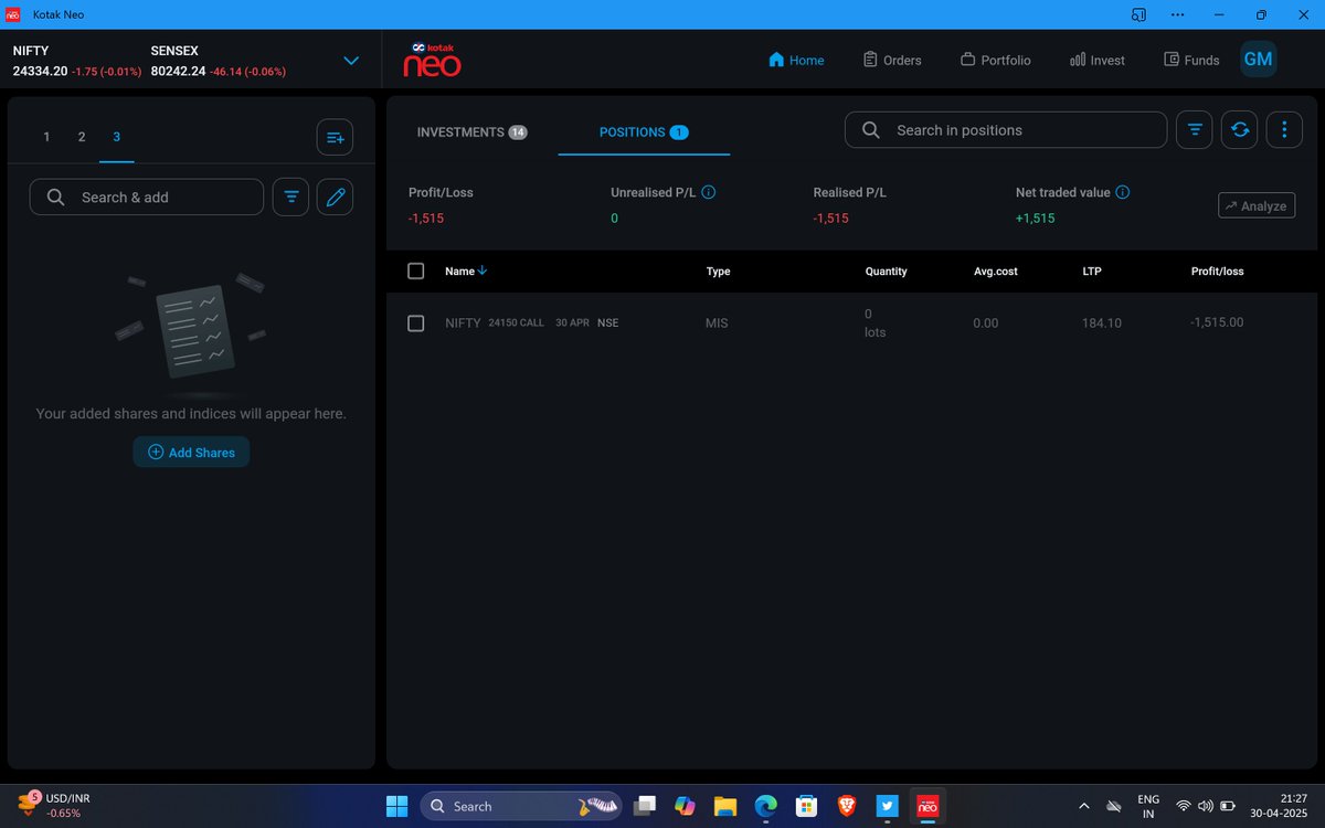 Gautammehta02's tweet image. 📅 April 30, 2025
💼 Capital Used: ₹50K (2 lots)
📉 P&amp;amp;L: ₹-1,515
📊 % Return on Capital: -3.03%
📈 Running % Return: -0.86%

📸 Screenshot attached below
#Quantman #OptionsBuying #AlgoTrading #NSE #TradeJournal