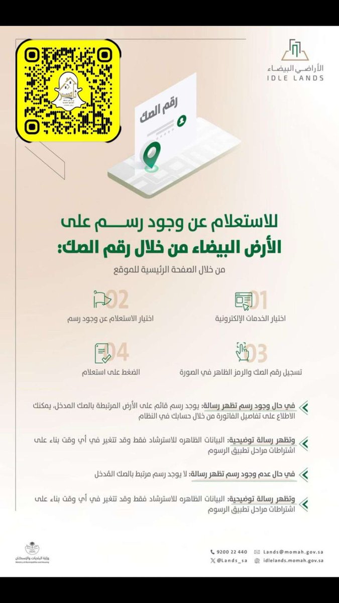 للاستعلام عن وجود رسم على الارض البيضاء من خلال رقم الصك وحسب الخطوات التالية👇