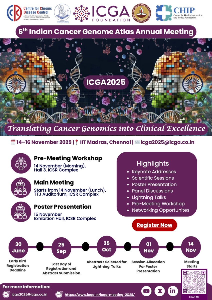 ICGA_India's tweet image. ๐จ Registration OPEN for #ICGA2025!
๐งฌ Indiaโs flagship cancer genomics meeting
๐ IIT Madras | ๐๏ธ 14โ16 Nov 2025
๐ฏ Theme: Translating Cancer Genomics into Clinical Excellence
โ
Pre-meeting workshop: Interpreting NGS Reports
โ
Call for abstracts now live
โ
Early bird till 30โฆ