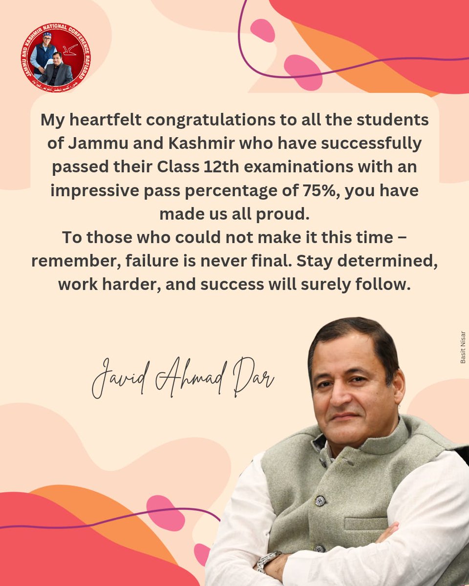 My heartfelt congratulations to all the students of Jammu and Kashmir who have successfully passed their Class 12th examinations with an impressive pass percentage of 75%, you have made us all proud.