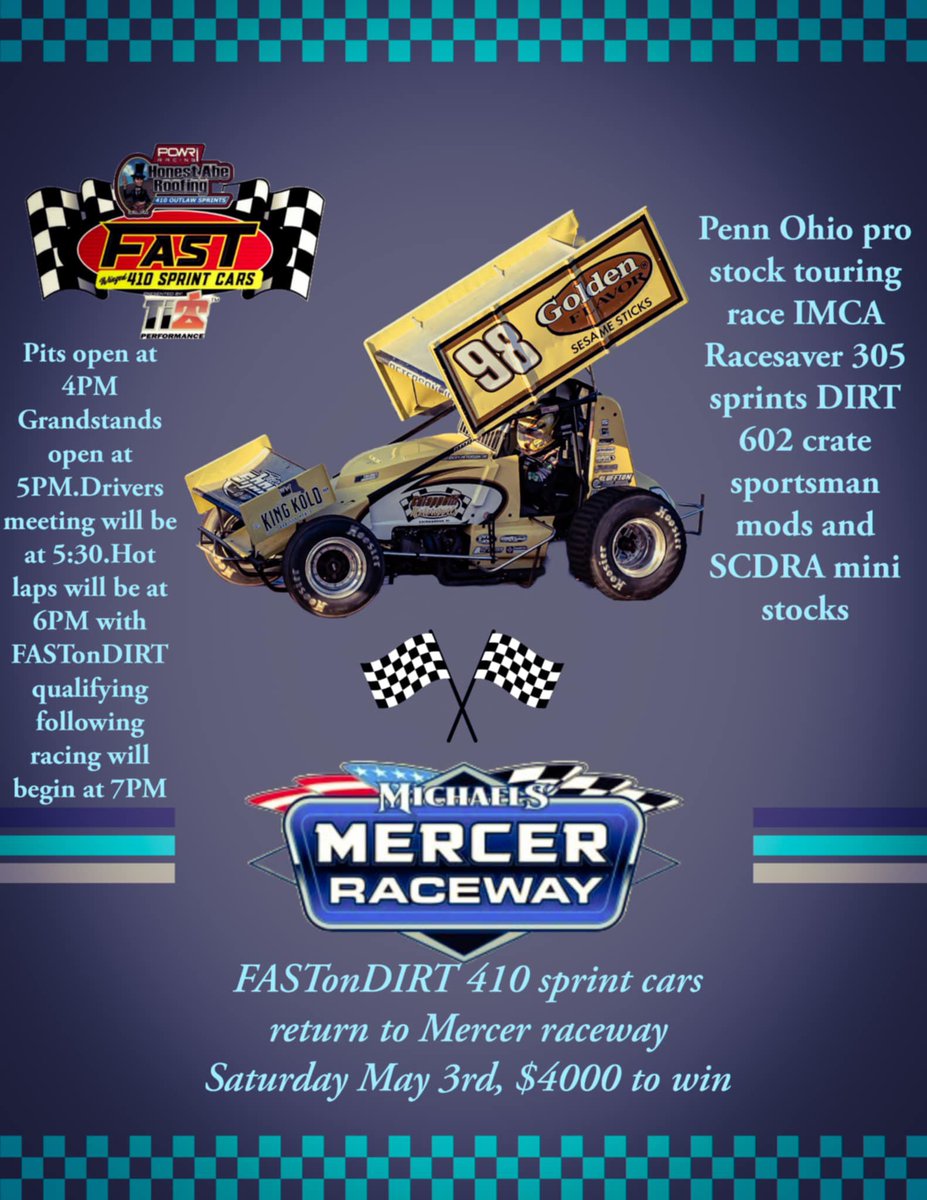 Michaels mercer raceway (@mercer_raceway) on Twitter photo on Sat May 3 the <a href="/FASTseries/">FAST Series</a> will be at <a href="/Mercer_raceway/">Michaels mercer raceway</a> along with the penn/Ohio stock touring series; racesaver 305 sprints; DIRT 602 crate sportsman; and <a href="/SCDRARacing/">SCDRA</a> mini stocks racing at 7 pm. on Sat May 3 the <a href="/FASTseries/">FAST Series</a> will be at <a href="/Mercer_raceway/">Michaels mercer raceway</a> along with the penn/Ohio stock touring series; racesaver 305 sprints; DIRT 602 crate sportsman; and <a href="/SCDRARacing/">SCDRA</a> mini stocks racing at 7 pm.