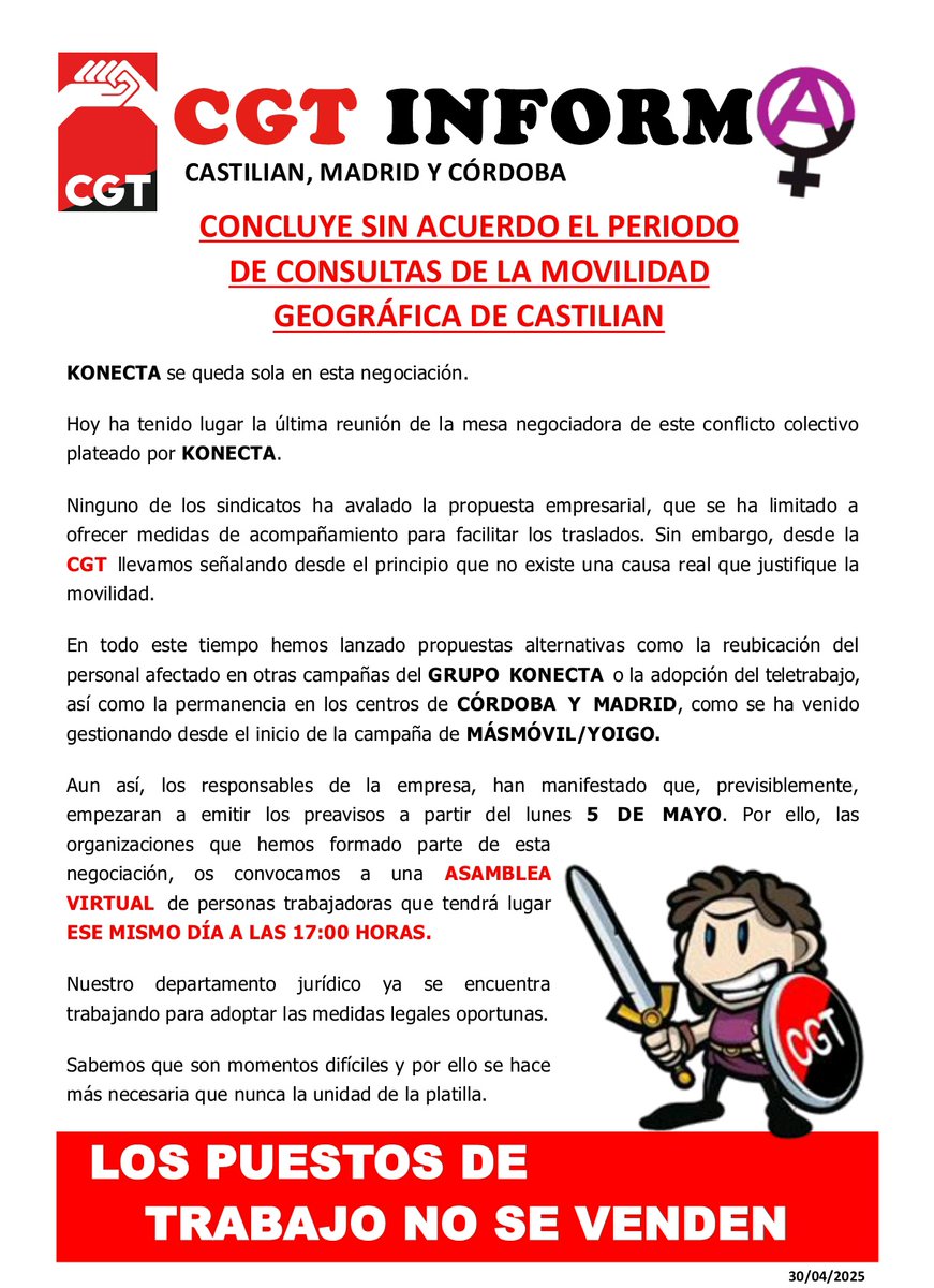 Cierra la movilidad geográfica de konecta en Castilian sin acuerdo.