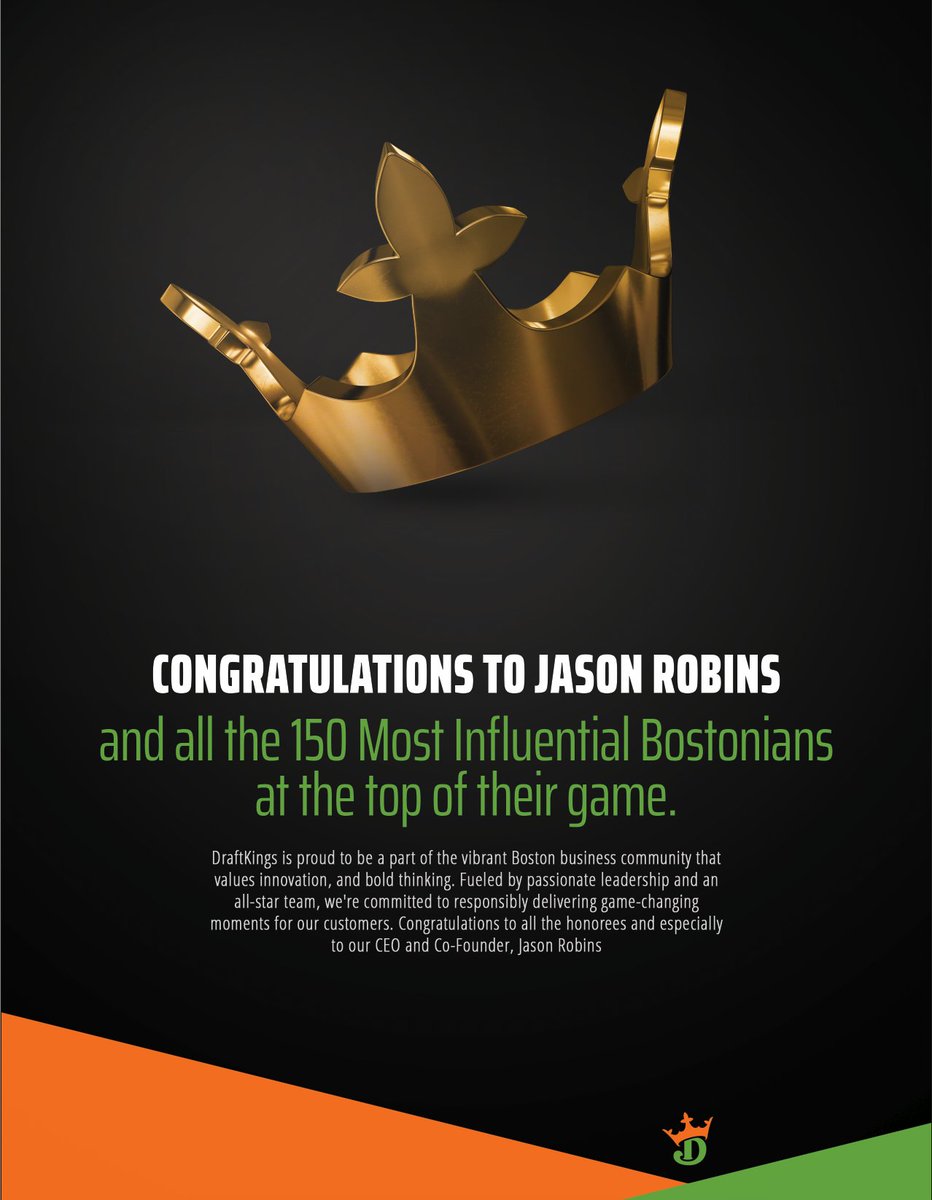 DraftKingsNews's tweet image. Jason Robins, @DraftKings CEO and Co-Founder, has been named one of @BostonMagazine’s 150 Most Influential Bostonians of 2025. 

This year’s list celebrates the leaders who shape how Boston thinks, lives, and builds for the future — through innovation, resilience, and undeniable…