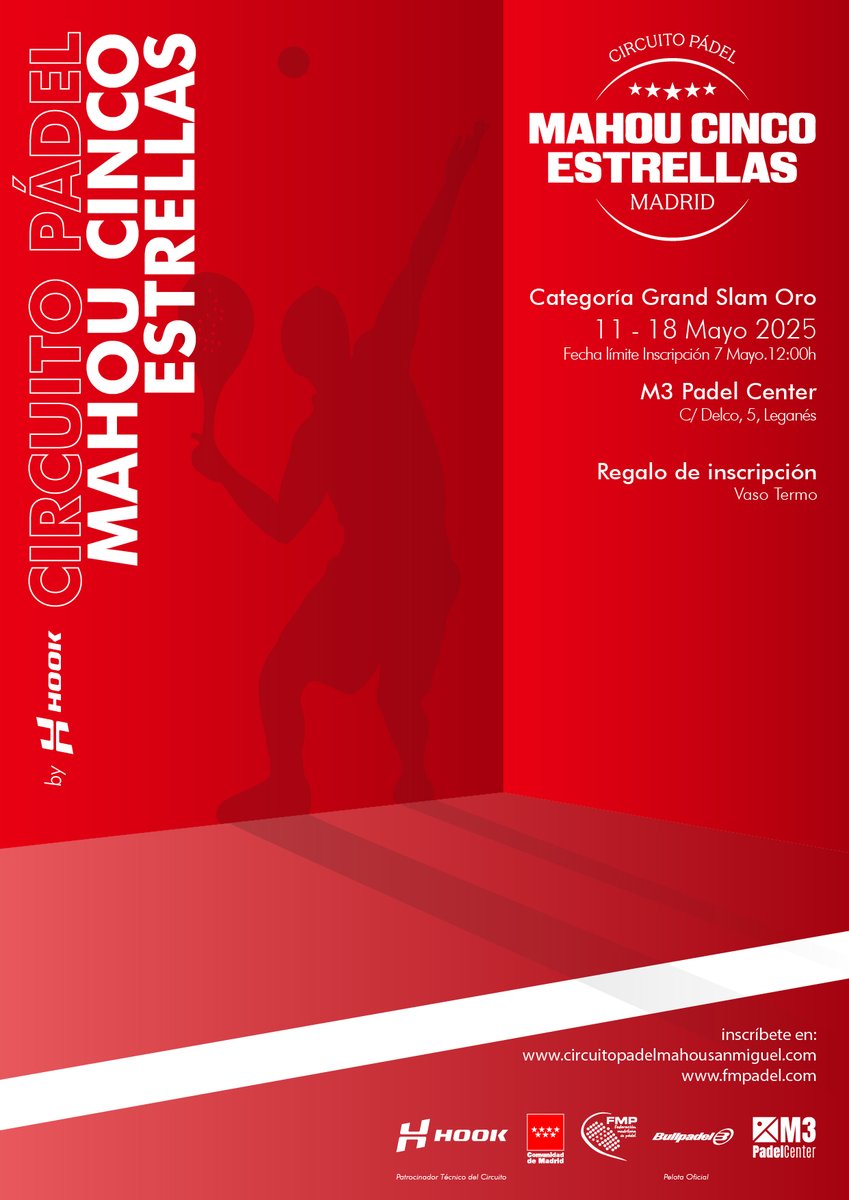 Continúa abierta la inscripción para la I PRUEBA CIRCUITO PADEL MAHOU 5 ESTRELLAS. Será del 11 al 18 de mayo en el club M3 Padel Center.

Puedes apuntarte hasta el miércoles 7 de mayo a las 12:00 aquí: acortar.link/pNxFZN

¡Anímate!