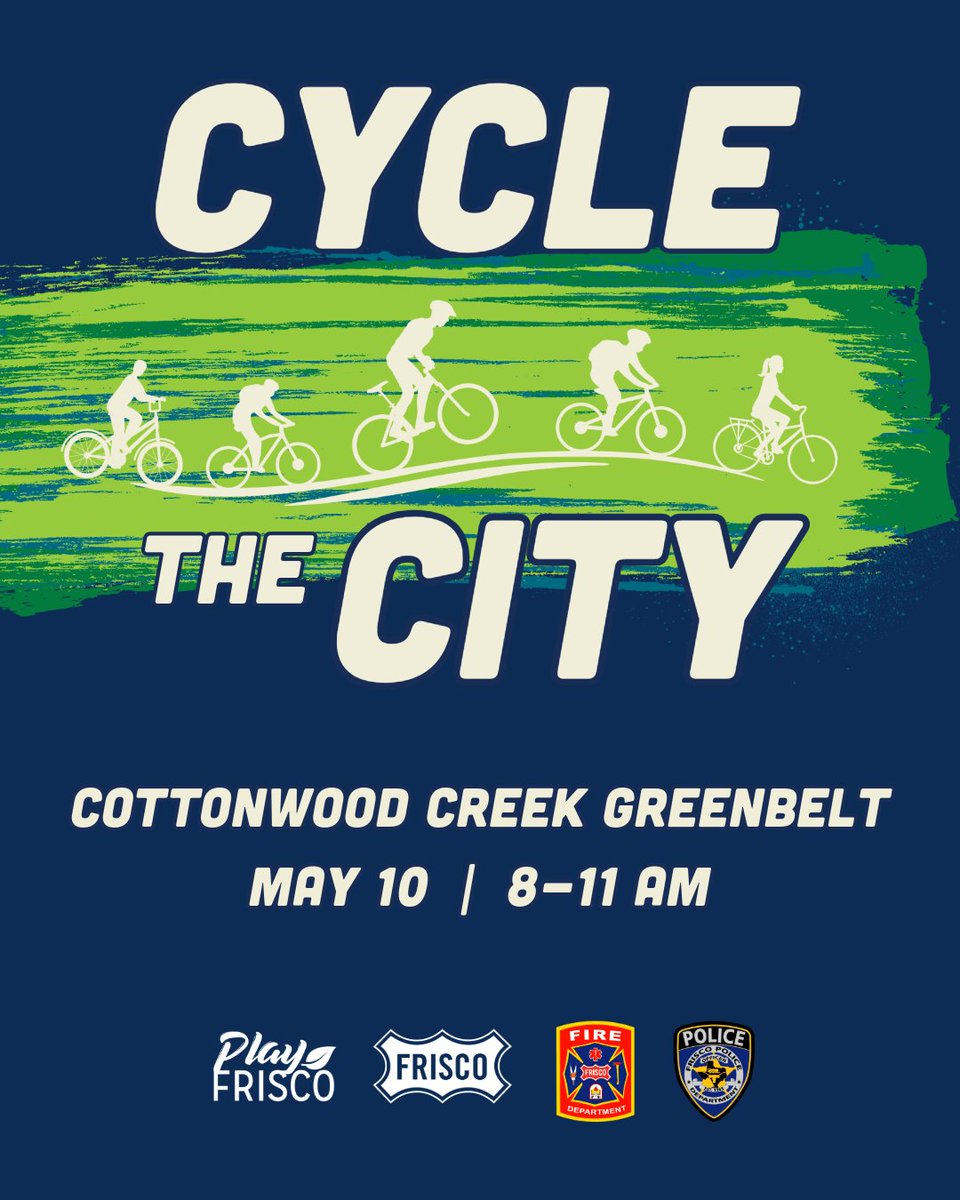 Our next Cycle the City ride is May 10 from 8-11 a.m., and the group will explore the Cottonwood Creek Greenbelt! Take a bike ride at a conversational pace with <a href="/CityOfFriscoTx/">City of Frisco,Texas</a> leaders and staff from <a href="/FriscoFFD/">Frisco Fire Dept</a>, <a href="/FriscoPD/">Frisco Police</a>, and Play Frisco.

friscotexas.gov/1469/Cycle-the…