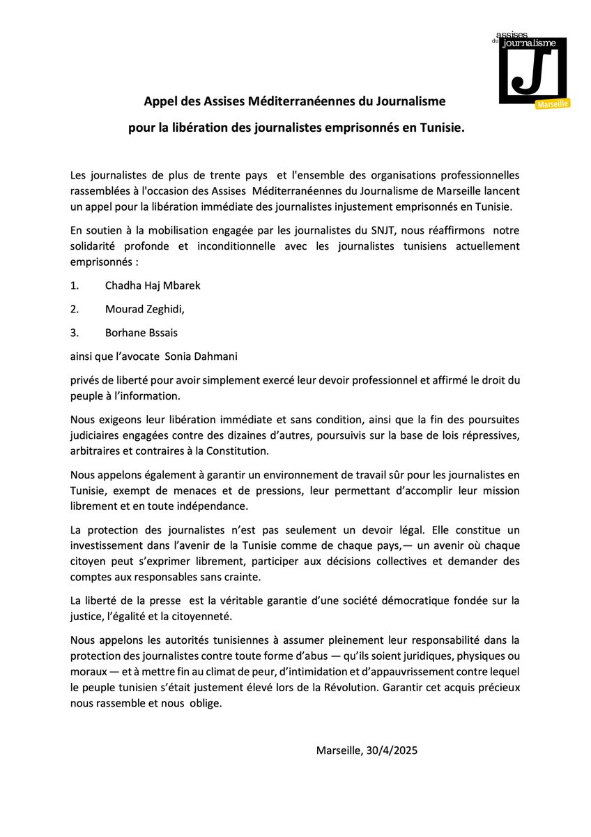 Assises du Journalisme (@lesassises) on Twitter photo 📣 Les Assises Méditerranéennes du Journalisme appellent solennellement ce mercredi 30 avril 2025 à Marseille à la libération des journalistes emprisonnés en Tunisie. 📣 Les Assises Méditerranéennes du Journalisme appellent solennellement ce mercredi 30 avril 2025 à Marseille à la libération des journalistes emprisonnés en Tunisie.