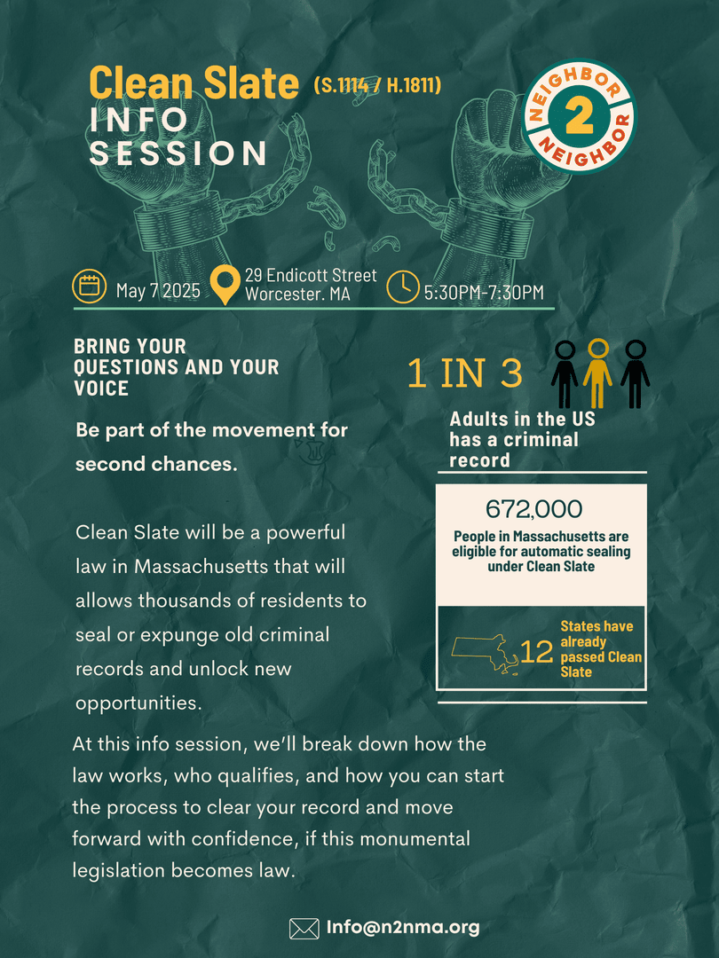 We’re fighting for the Clean Slate Bill (S.1114 / H.1811) in Massachusetts! 

Join us for an important information session where we'll break down what the bill would change, and how you can support the passage of this legislation.

Register at the link: actionnetwork.org/events/clean-s…