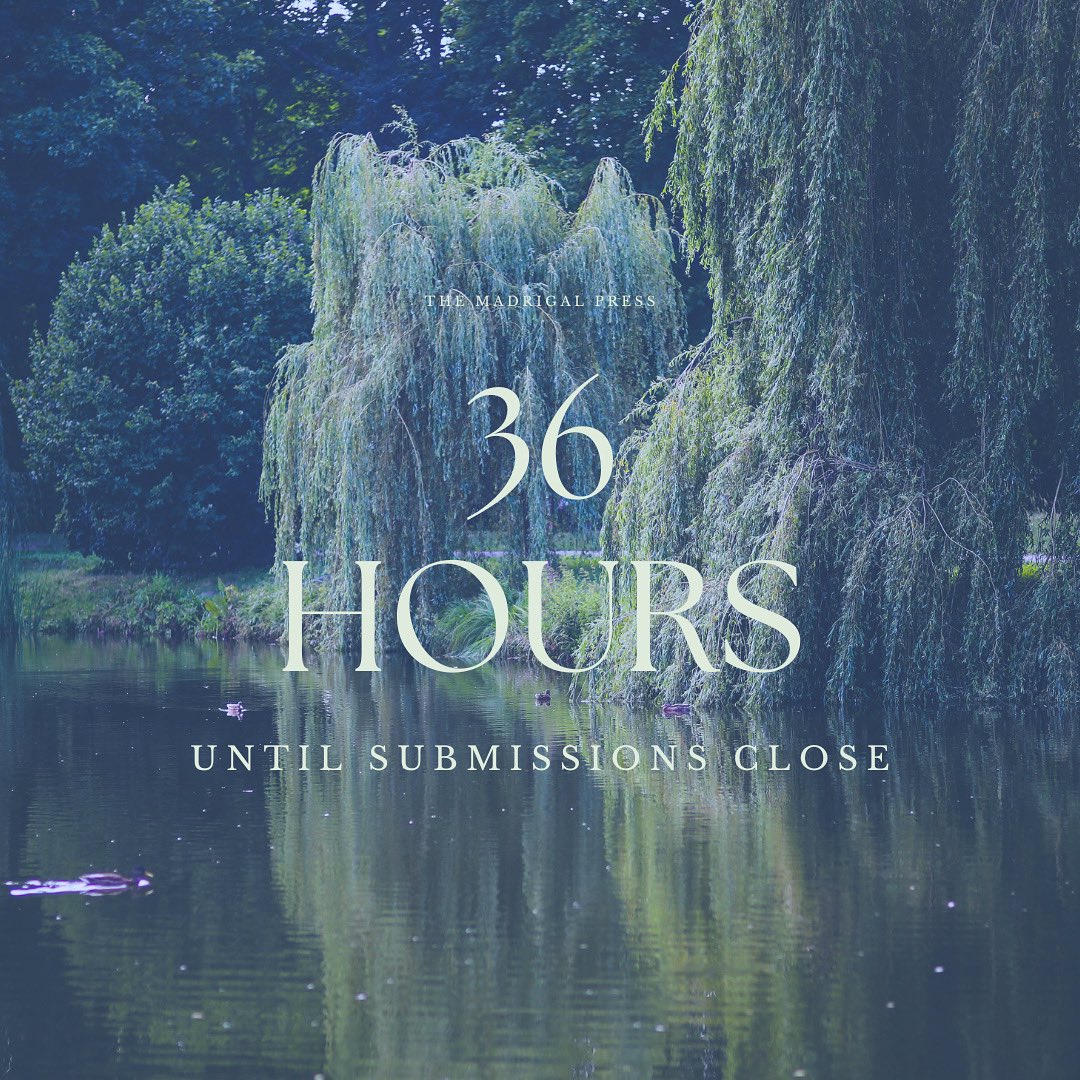 there are just 36 hours left to submit to our tenth issue, discursion! for more details on the submission window, head to our website below:

themadrigalpress.com/submit-to-disc…

all work must be submitted prior to 11:59pm, tomorrow, thursday 1 may!