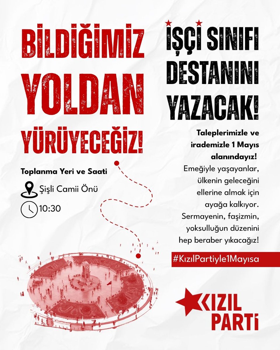 1 Mayıs'ta bildiğimiz yoldan yürüyeceğiz.

Dünyayı her gün yeniden yaratan emekçilerle, savaşa karşı direnen kadınlarla, geleceği çalınan gençlerle, katledilmek istenen LGBTİ+'larla yürüyeceğiz.

Gezi'de dimdik ayakta duran ağaçlar için Taksim'deyiz!

🕥10:30
📍Şişli Camii Önü