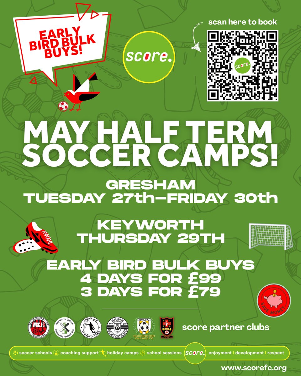 ⚽️ Booking is now open for Score's Half Term Soccer Camps!

To book, visit us at scorefc.org or use the QR code... 

#wbcolts #keyworthcfc #sandiacre #ruddington
