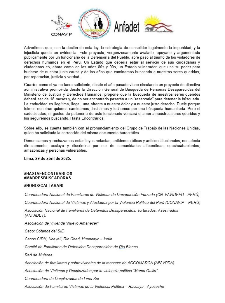 Ojo_Publico's tweet photo. 📍Familiares de víctimas de desaparición forzada en el periodo 1980-2000 rechazan #LeyDeImpunidad, que prescribe delitos de lesa humanidad y Ley #APCI porque "quita el acceso a justicia y defensa gratuita". También cuestionan proyecto que modifica búsqueda de desaparecidos.🧵 https://t.co/mEzpA11Z76