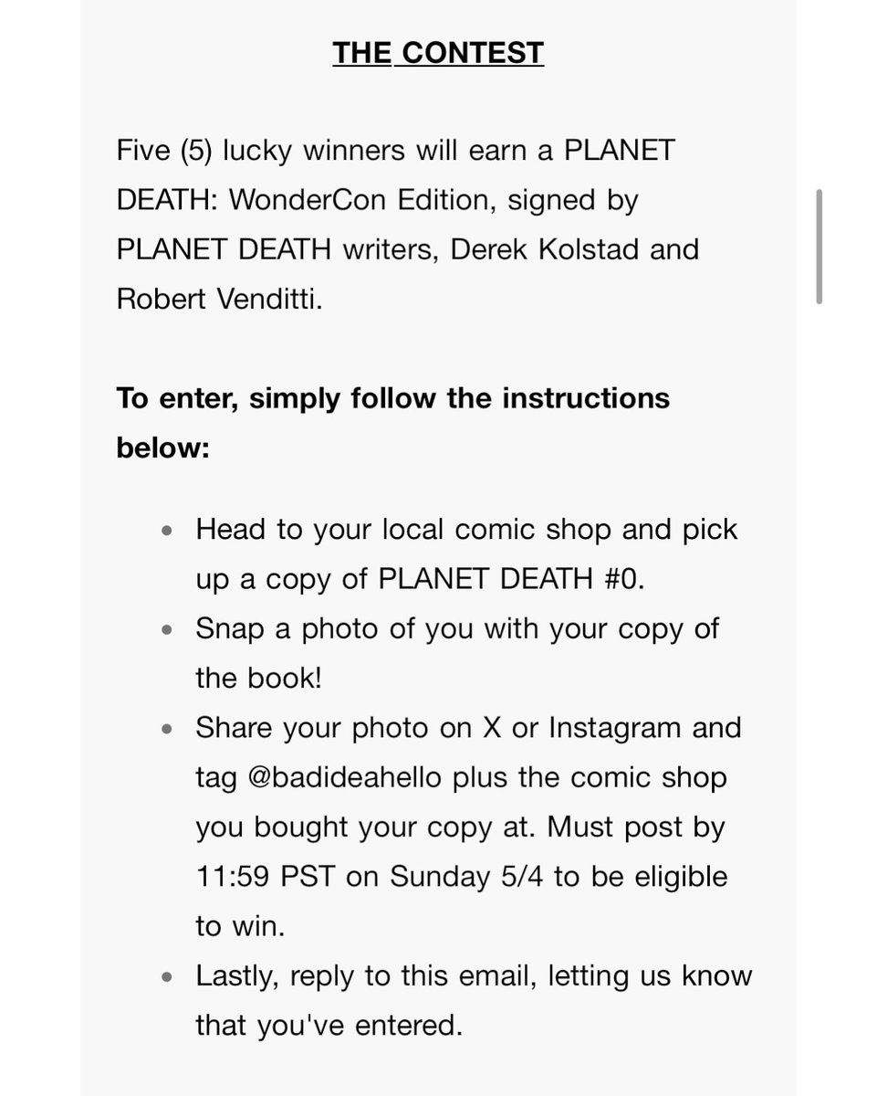 PLANET DEATH #0 Is Out NOW -- Enter To Win A Signed PLANET DEATH WonderCon Exclusive!

mailchi.mp/badideacorp/pl…

PLANET DEATH #0, the adrenaline-charged record-breaker explodes into comic shops around the globe TODAY! And what better way to toast the day PLANET DEATH #0 makes