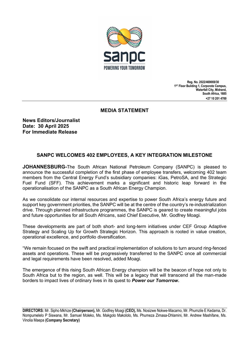 _sanpc's tweet photo. Media Statement: SANPC marks a key integration milestone today, officially welcoming 402 employees transferred from iGas, PetroSA &amp; SFF.

This is a significant step in building South Africa's unified national petroleum company. Read More.

#WelcomeToSANPC https://t.co/makZRubv50