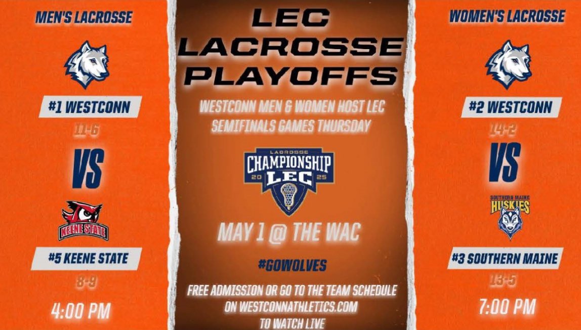 I’ll be at the PA 🎤 tomorrow for both <a href="/WestConnMLAX/">West Conn Men's Lax</a> and <a href="/WestConnWLAX/">WestConn WLAX</a> LEC semifinals games at the WAC!!! #NCAAPlayoffs 🐺