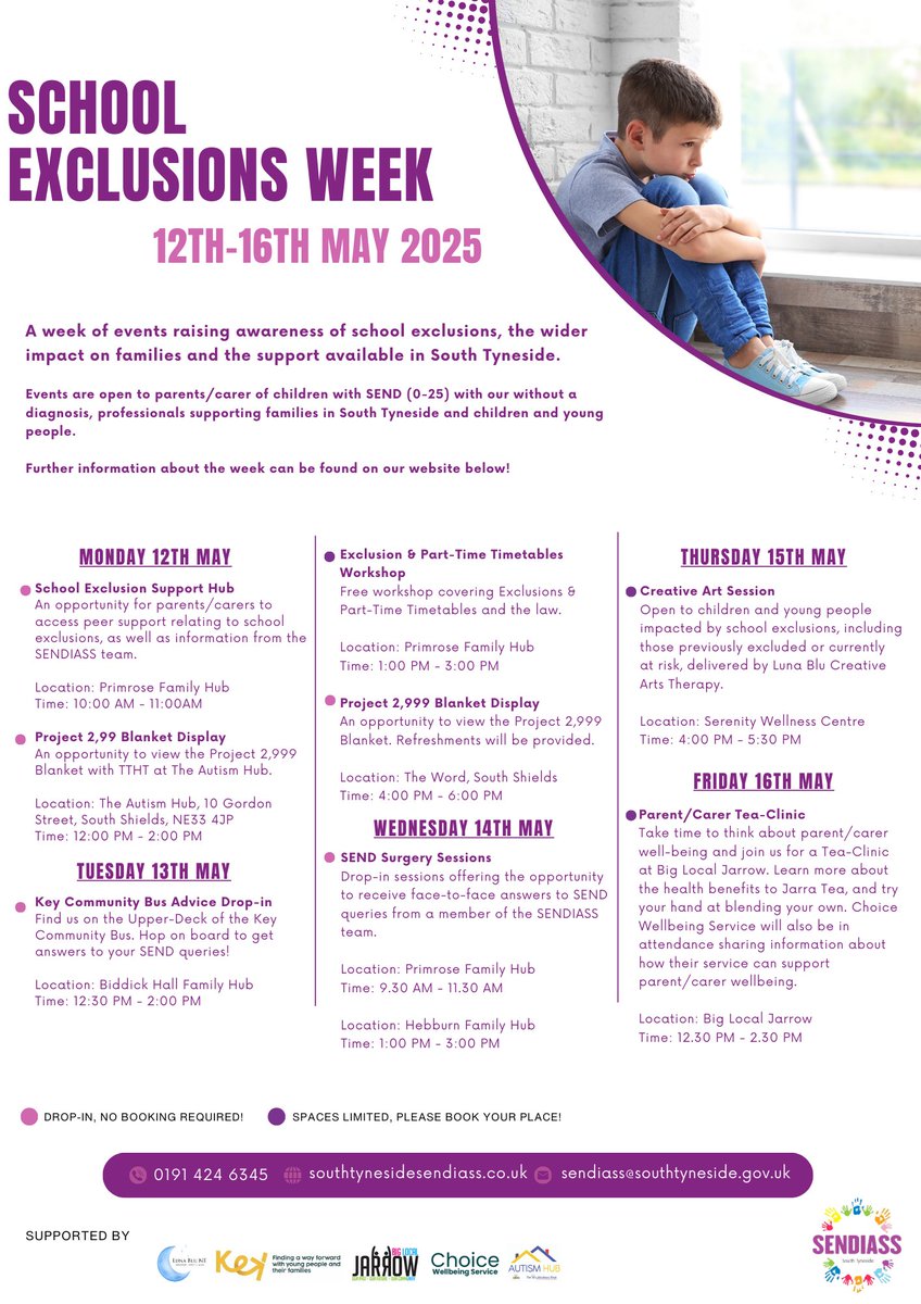 KeyCommunityNE's tweet image. Join South Tyneside SENDIASS and Key&apos;s prevention team, onboard #KeyCommunityBus, Tues 13 May, for School Exclusions Week!

#SouthTyneside #KeyPrevention #SENDIASS #SchoolExclusions #CommunitySupport #InclusionMatters #EducationForAll