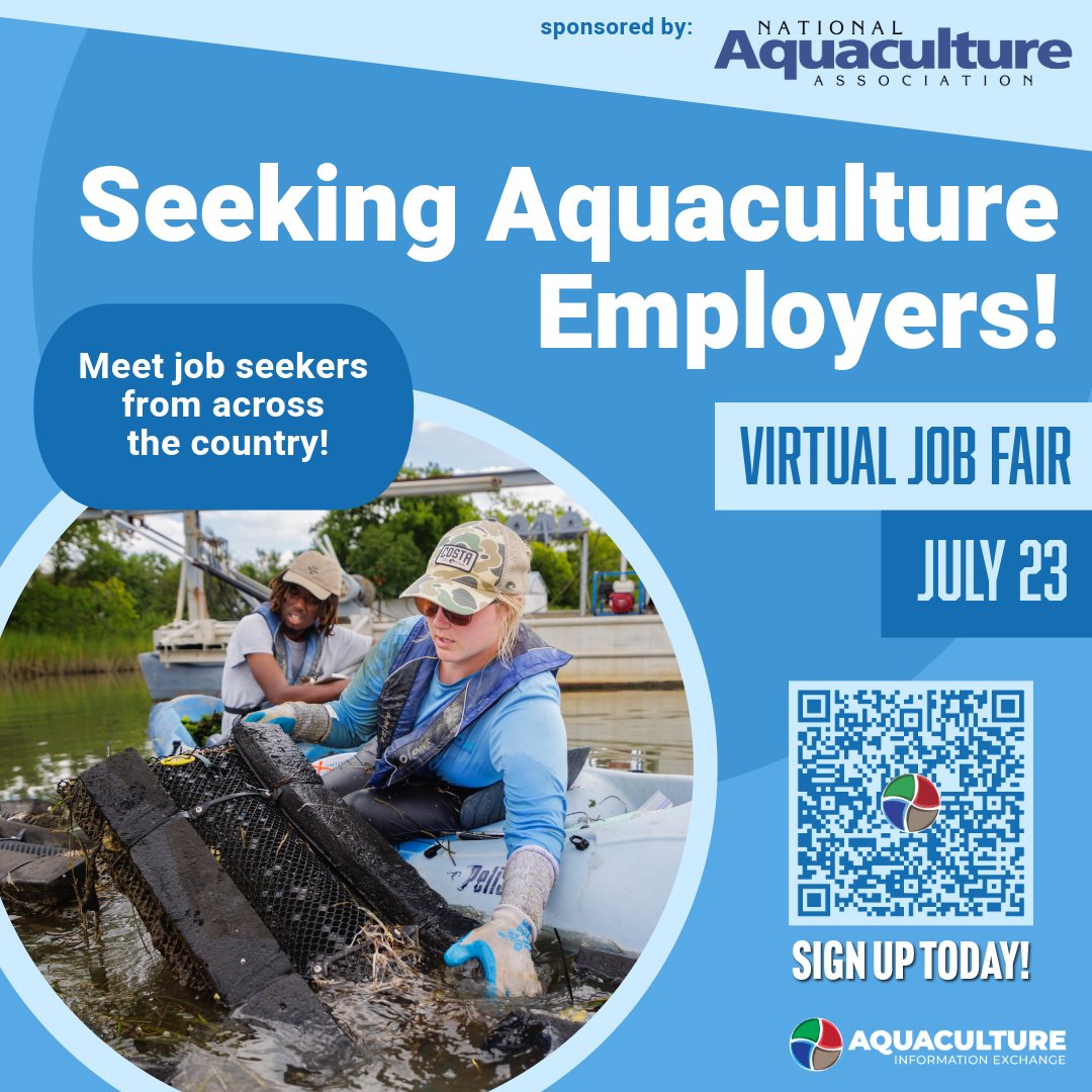 The AIE and the NAA are teaming up to host a Virtual Job Fair scheduled for Wednesday, July 23 at 12 PM EST, and we’re inviting employers to take part.
ow.ly/oViG50VKvIL

#usaquaculture #aquaculture  #AquacultureJobs #VirtualJobFair #AquacultureCareers