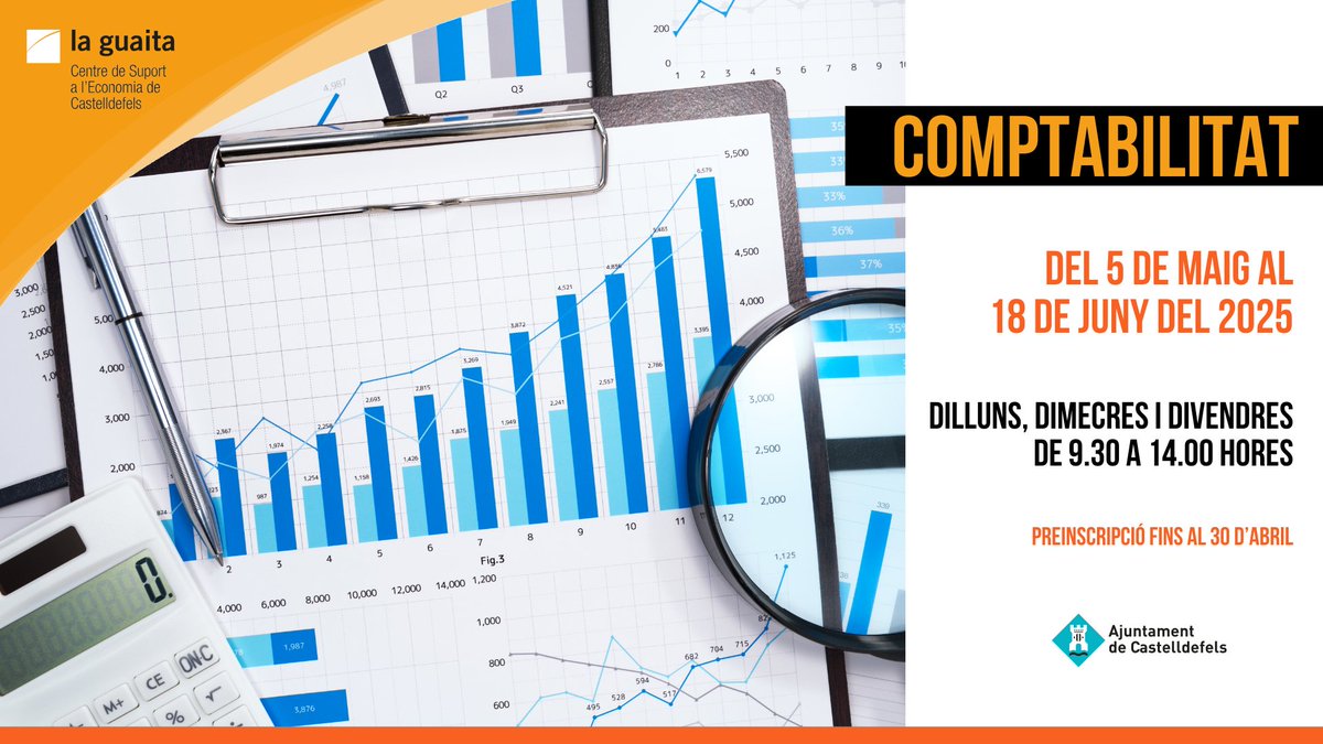 📝 Aquesta setmana tanquem inscripcions per al curs de 90 hores de Comptabilitat empresarial.

Aprofundirem en els conceptes clau que et permetran entendre el funcionament i la gestió comptable de qualsevol negoci.

Comencem el 5 de maig, inscriu-te! ⤵️
castelldefels.org/ca/serveis/pro…
