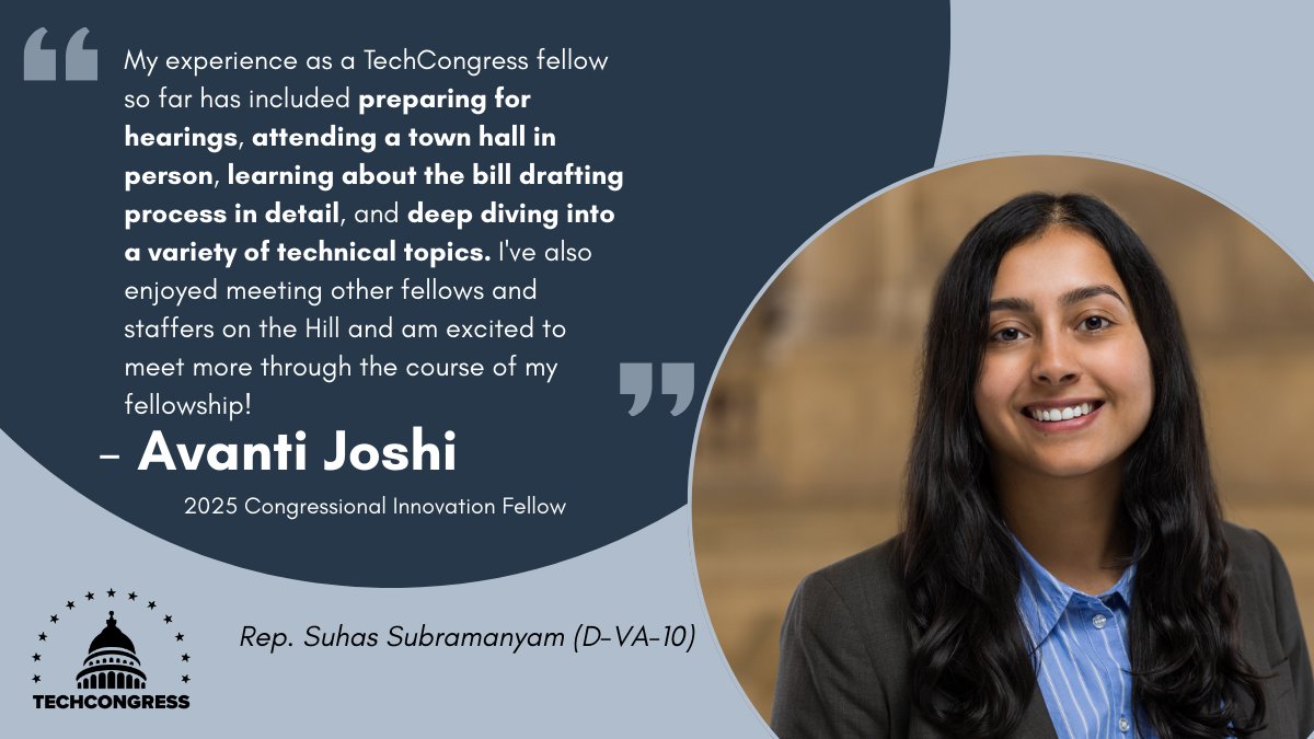 💡 Avanti supports the Office of @repsuhas in legislating #tech policies that put people first. Her experience as a software engineer motivates her to advise on critical cybersecurity &amp; data privacy issues. 

Read about her here: techcongress.io/blog/2025-plac…