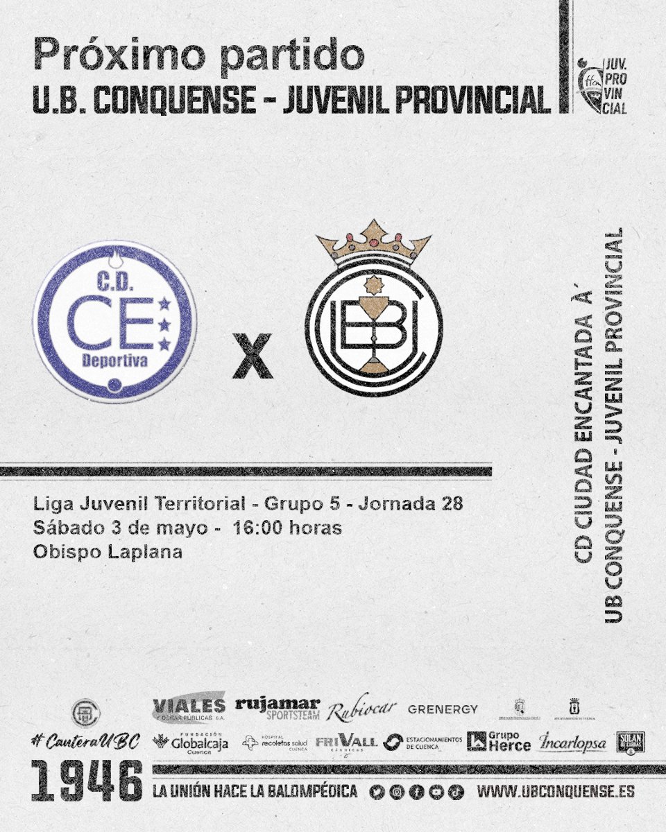 📢 #UBCJuvenilProvincial❗

¡Próximo partido de nuestros 🦁🦁🦁 del provincial!

🏆 #JuvenilTerritorial - Jornada 28
📆 Sábado 3 de mayo
⏰ 16:00h
🆚 CD Ciudad Encantada `A´
🏟️ Obispo Laplana

¡𝙑𝙖𝙢𝙤𝙨 𝘾𝙤𝙣𝙦𝙪𝙚𝙣𝙨𝙚! ⚪⚫ #CanteraUBC #Yosoybalompédico