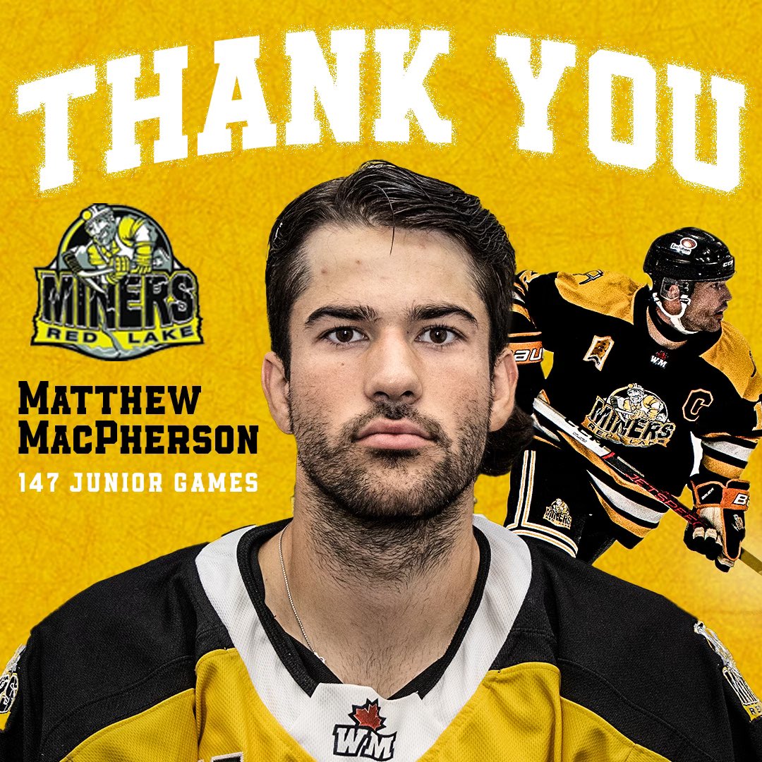 20 💣 | Matthew MacPherson played 147 career junior hockey games over 3 seasons. 

Of those 147 games, only 6 weren’t in a Miners jersey. Mac also served as team captain during the 2024-25 season. 

Thank you, Mac!

#MinerFamily | #TheHardWay ⚫️⚒️🟡