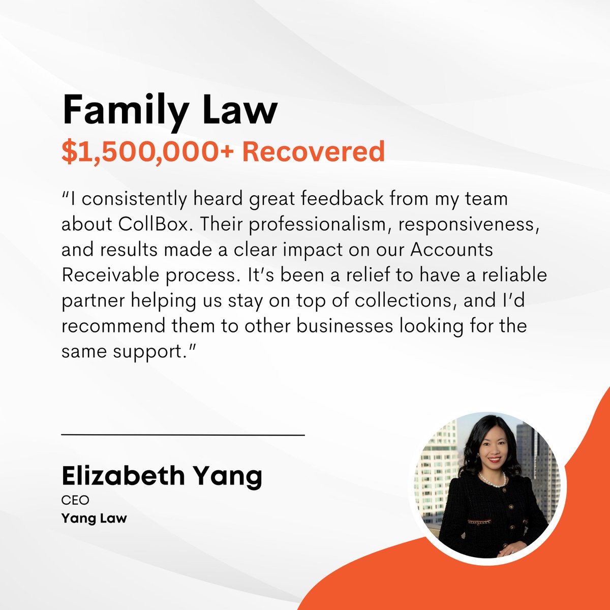 collbox's tweet image. $1.5M+ recovered for Yang Law.


“CollBox helped us stay on top of collections without damaging relationships.” – Elizabeth Yang, CEO

Let us do the same for your firm. 

Schedule a quick call with a CollBox expert today at hubs.ly/Q03krJXB0

#clienttestimonial