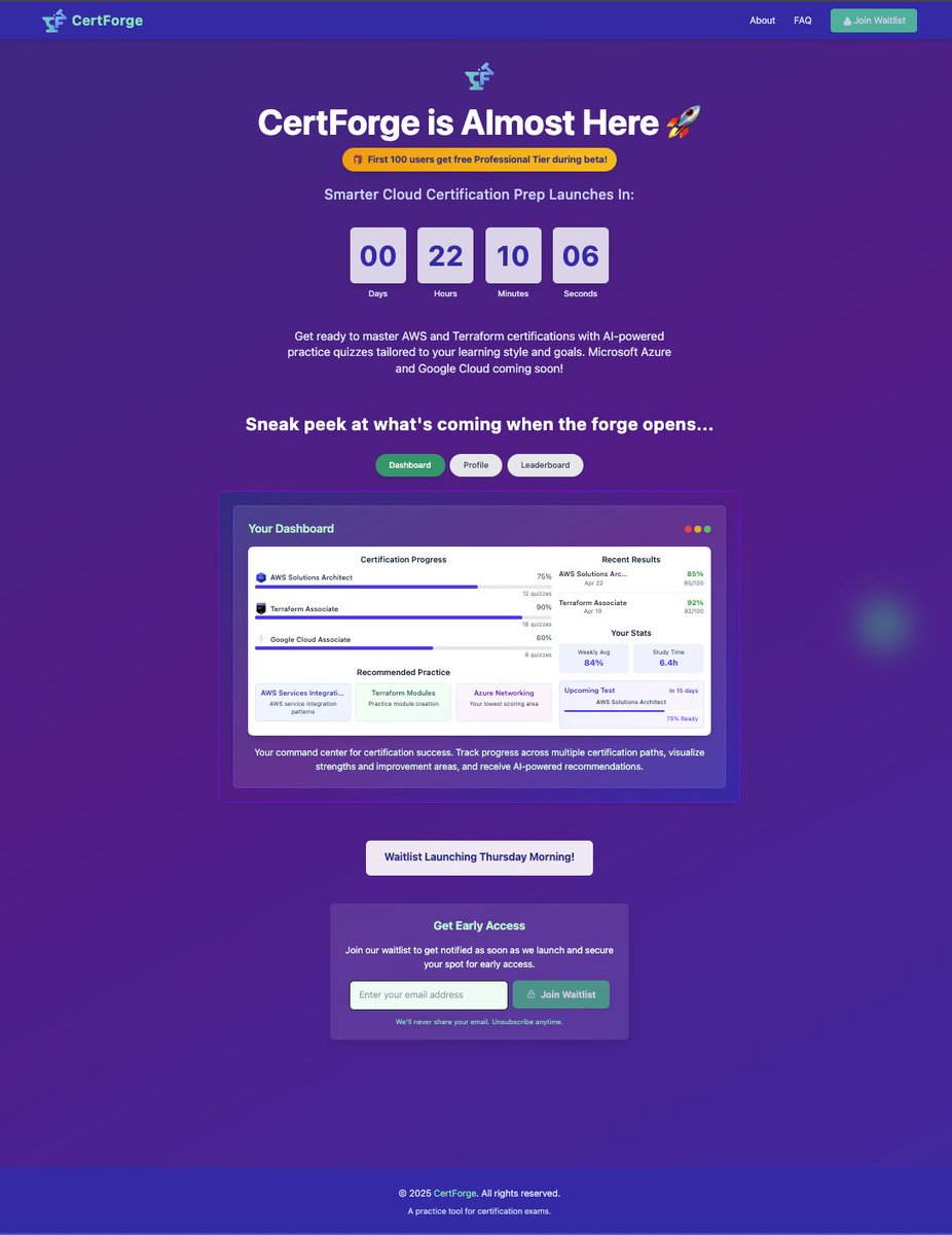 nashtdean's tweet photo. 🚨 The countdown is LIVE!
Less than 24 hours until the CertForge waitlist drops. ⏳
Just updated the site with a first look at what’s coming in beta — dashboards, stats, and more. 🔥

👀 Take a peek: https://t.co/eeNsrihy91
#CertForge #buildinpublic #CloudCerts https://t.co/vUTTPHMNHA