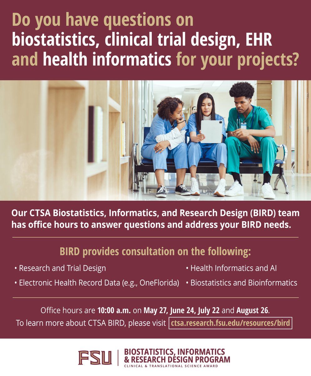 FSU Research (@fsuresearch) on Twitter photo 📢 <a href="/FloridaState/">Florida State University</a> researchers ➡️ The CTSA Biostatistics, Informatics, and Research Design team is available to answer questions at upcoming office hours. Learn more about the tools available to help with your research. 📢 <a href="/FloridaState/">Florida State University</a> researchers ➡️ The CTSA Biostatistics, Informatics, and Research Design team is available to answer questions at upcoming office hours. Learn more about the tools available to help with your research.