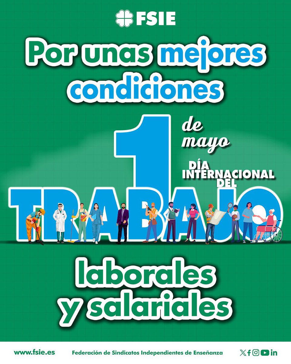 FsieGranada's tweet photo. 🙌 Con motivo del 1 de mayo, Día Internacional del Trabajo, FSIE reconoce la labor desempeñada y el compromiso de los profesionales de los centros educativos y centros de atención a personas con discapacidad.
🔗 Más información. 👉 https://t.co/WPUm9UQX1X https://t.co/9lj5MzkaPH