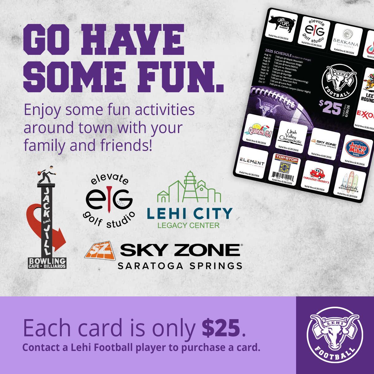 Lehi Football Discount Cards are now available! Have some fun around town with your family and friends. Cards are available for $25 each. Contact a Lehi High School football player to purchase yours today!