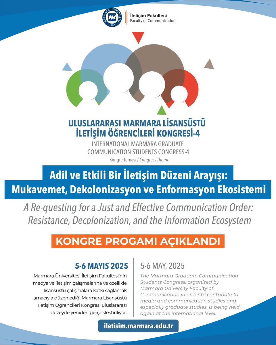 Adil ve etkili bir iletişim düzeni mümkün mü?

“Uluslararası Marmara Lisansüstü İletişim Öğrencileri Kongresi-4”
5-6 Mayıs 2025’te Marmara Üniversitesi İletişim Fakültesi’nde gerçekleşecek!

Kongre programı açıklandı!
Detaylar için: iletisim-kongre.marmara.edu.tr/kongre-programi