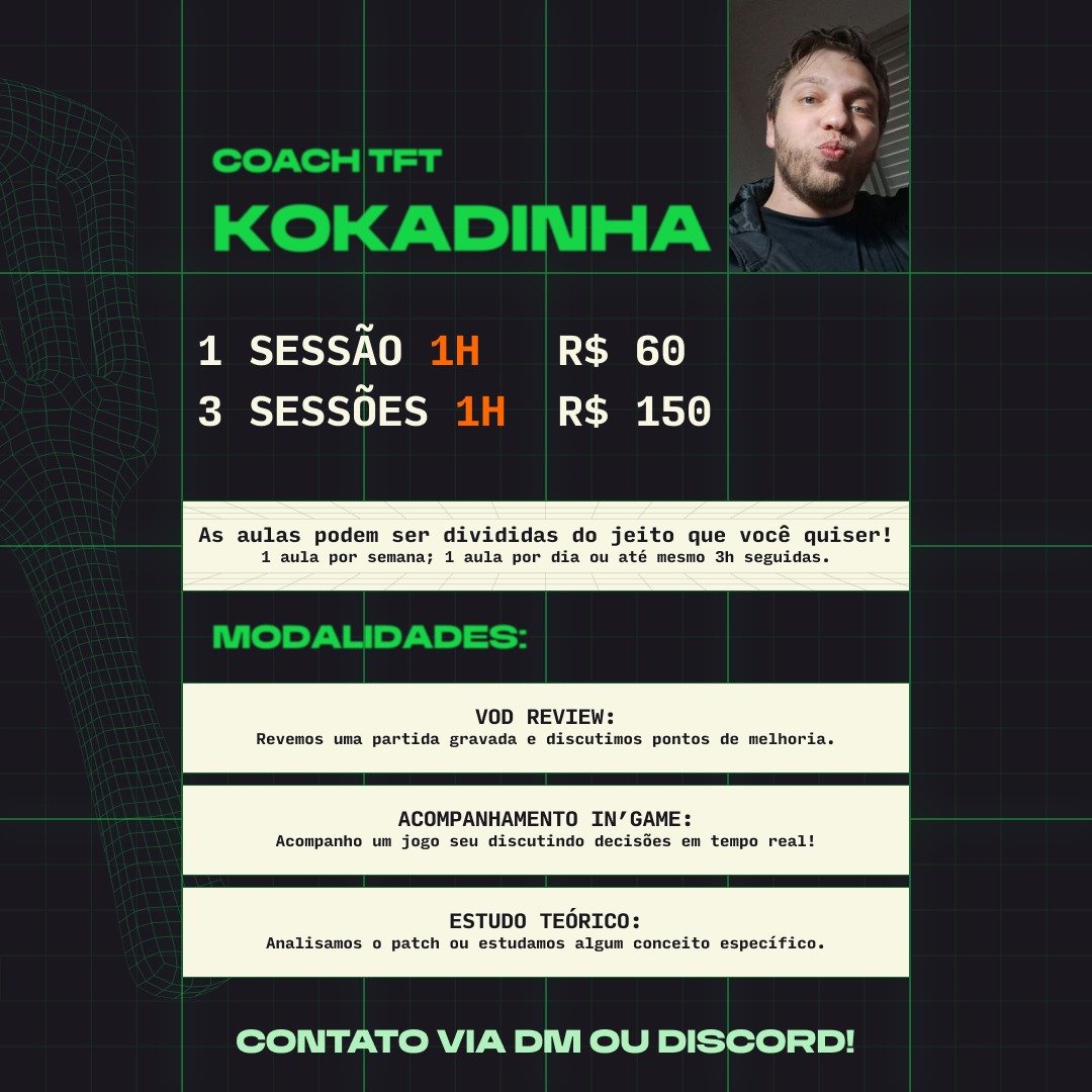 Salve rapaize, estou dando coach de tft pra vocês que querem melhorar no joguinho e não sabem por onde começar!

Sou challenger desde o set 6 e posso ajudar não importa seu elo!

Meu discord é koketft, fiquem a vontade pra me mandar dm e tirar dúvidas.

rt's são apreciados 🥰