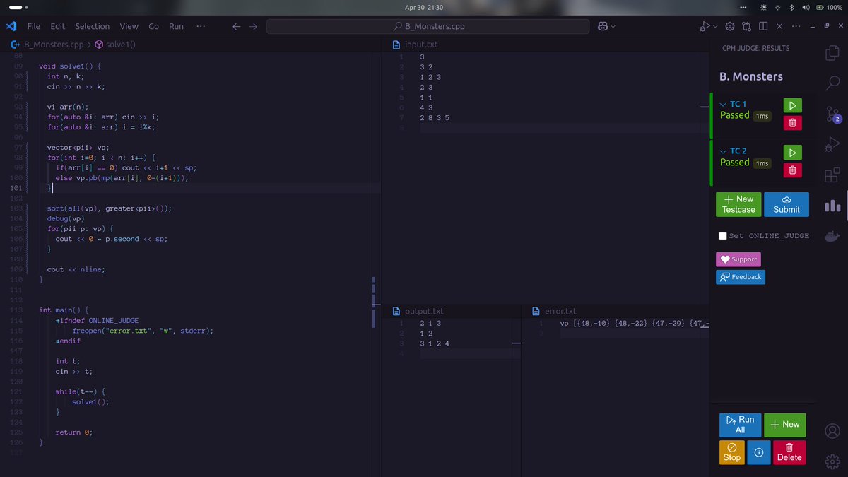 Aswin_004's tweet photo. Day 84: #100DaysOfCode 🚀

Today, I solved 1000-rated problems from TLE Eliminators CP31 Sheet:

✅ B. Olya and Game with Arrays (1000-rated): https://t.co/x1ztxY9Gbe
✅ B. Monsters (1000-rated): https://t.co/EyV9EznH1O

#Coding #Codeforces #CompetitiveProgramming https://t.co/Vd0dC3sEzH