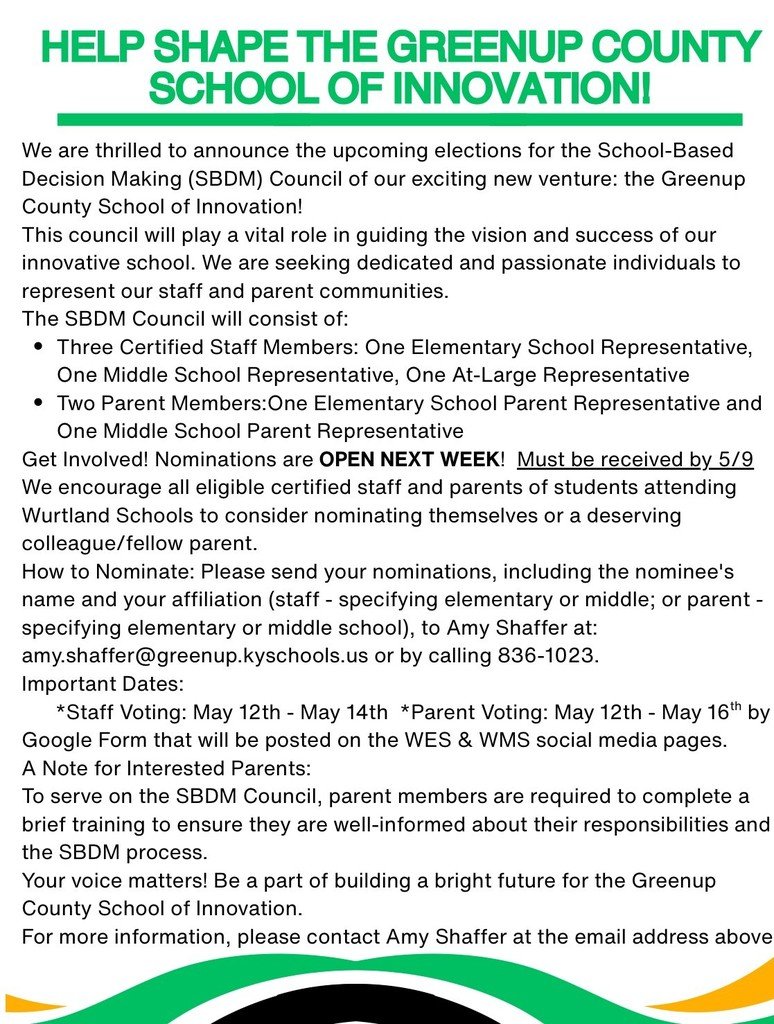 GREENUP COUNTY SCHOOL OF INNOVATION SBDM NOMINATION INFORMATION