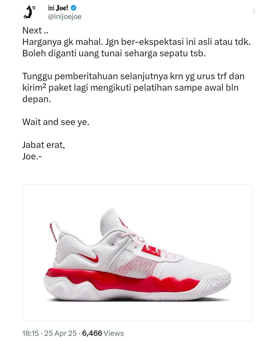 Dalam rangka Ulang Tahun Pak Joe pada tgl 5 Mei 2025, Beliau akan berbagi 1 buah penanak nasi listrik dan sepasang sepatu kepada akun terpilih.
Syarat: TIDAK ADA.

Diumumkan langsung oleh Pak Joe pada bulan Mei begitu Beliau memiliki waktu luang. 

Terima kasih.

*ADMIN*

Note: