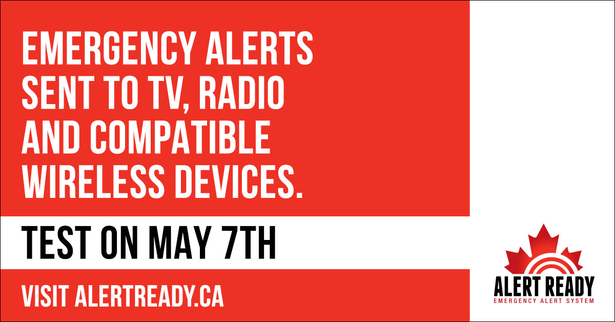 Reminder: There will be a #TestAlert of the #AlertReady system on Wednesday, May 7. Find out if your province/territory is participating: alertready.ca/testing-schedu…