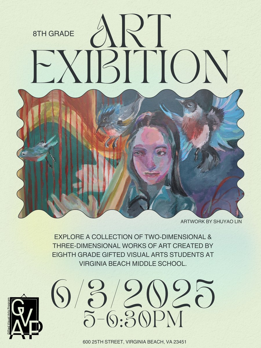 We can't wait to celebrate our Gifted Visual Arts eighth-grade students on June 3! Please come out &amp; support these talented young artists! <a href="/vbschools/">VBSchools</a> <a href="/VBMiddle/">VBMiddle</a> <a href="/VBGifted/">VBCPS Office of Gifted Programs</a>