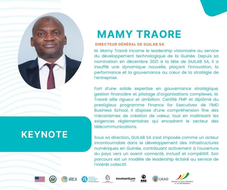 GuilabGN's tweet image. 🎤 [Panel 1 – Innovation technologique au service du développement durable et d’une économie prospère]

📅 Rejoignez-nous à partir de 14h00 le vendredi 09 mai au Noom Hotel, dans le cadre de RADES 2025 !
Nous avons l’honneur d’accueillir M. Mamy Traoré en tant que keynote speaker