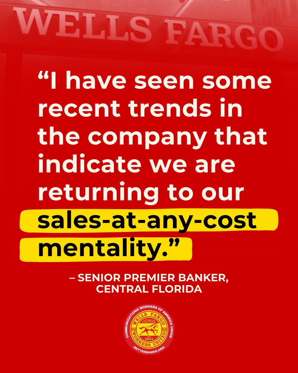 ForBetterBanks's tweet image. “They see us as disposable creatures.” We collected these testimonies from Wells Fargo workers across the country in our Sales Pressure Survey. Are you being pressured by your manager to make more and more sales?
Take our survey:
▶️ cwa.org/WFSalesPressur…
